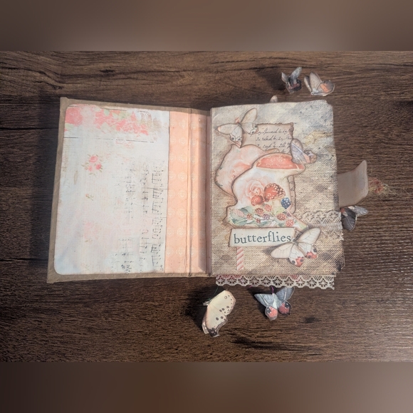 Butterfly Rustic Junk Journal- Handmade- Recycled Materials- Pink/Cream-Spring - Picture 2 of 8